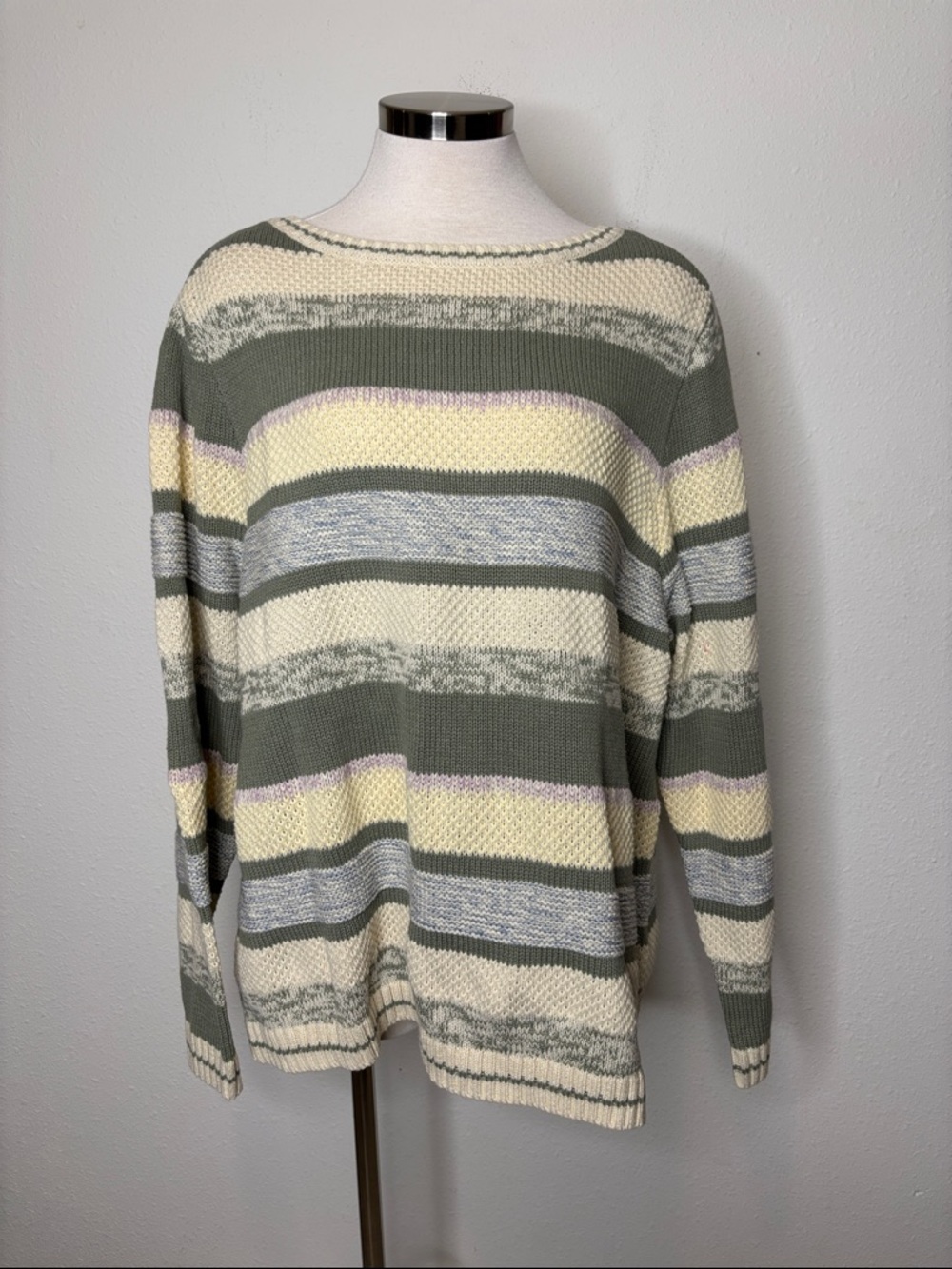 CJ Banks size 2X Olive, Cream & Pale Yellow Striped Crewneck Sweater